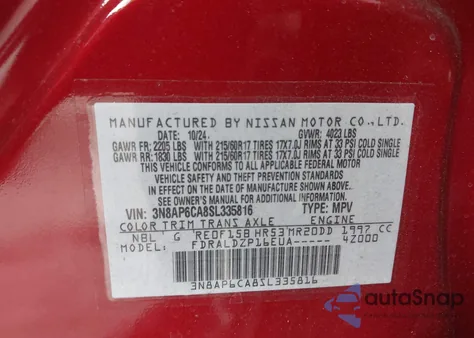 2025 Nissan Kicks Sv Fwd z USA, uszkodzony, nr VIN 3N8AP6CA8SL335816